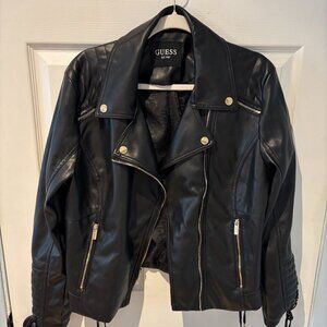 Guess Black Faux Leather Jacket with Lace Up Sleeves (READ DESCRIPTION)